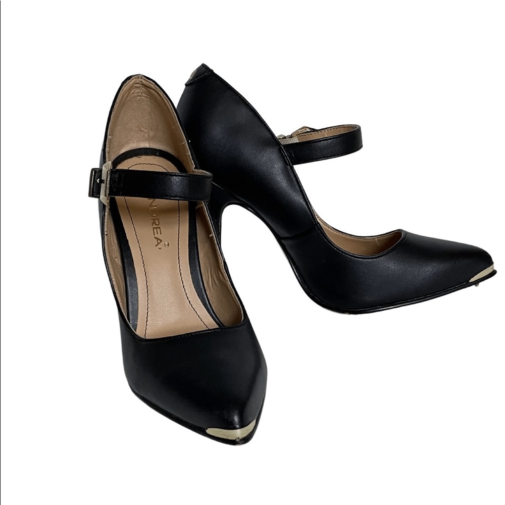 Andrea Black Mary Jane Heels Point Toe Silver-Gold Tipped Western Retro 5.5-6